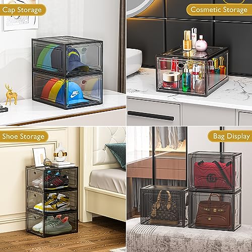 Thicken & Sturdy Clear Shoe Storage Organizer with Magnetic Door, Stackable Boxes for Closet, Foldable Space-Saving Shoe Rack for Sneaker Boot Container, Plastic Shoe Cabinet Shoe Box 6 Pack, Black