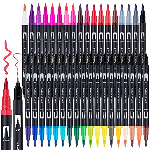 Dual Brush Marker Pens, 24 Colors Art Markers with Fine and Brush Tip Coloring Markers for Adults, Markers for Journaling Calligraphy Drawing Sketching Doodling Illustrating