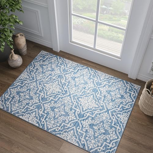 jinchan Boho Area Rug 8x10 Moroccan Washable Rug Indoor Floor Cover Accent Rug Floral Tile Print Rug Soft Thin Rug Non Slip Carpet for Kitchen Living Room Bedroom Dining Room Farmhouse Decor Grey