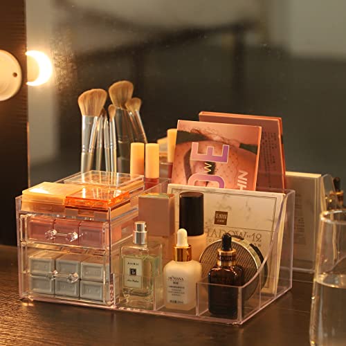 PENGKE Clear Make Up Organizer Countertop,Stackable 2 Drawers Makeup Storage,Cute Vanity Organizers for Dresser Brushes,Nail Polish,Beauty Product Desk and Bathroom Organizers and Storage,1 Pack
