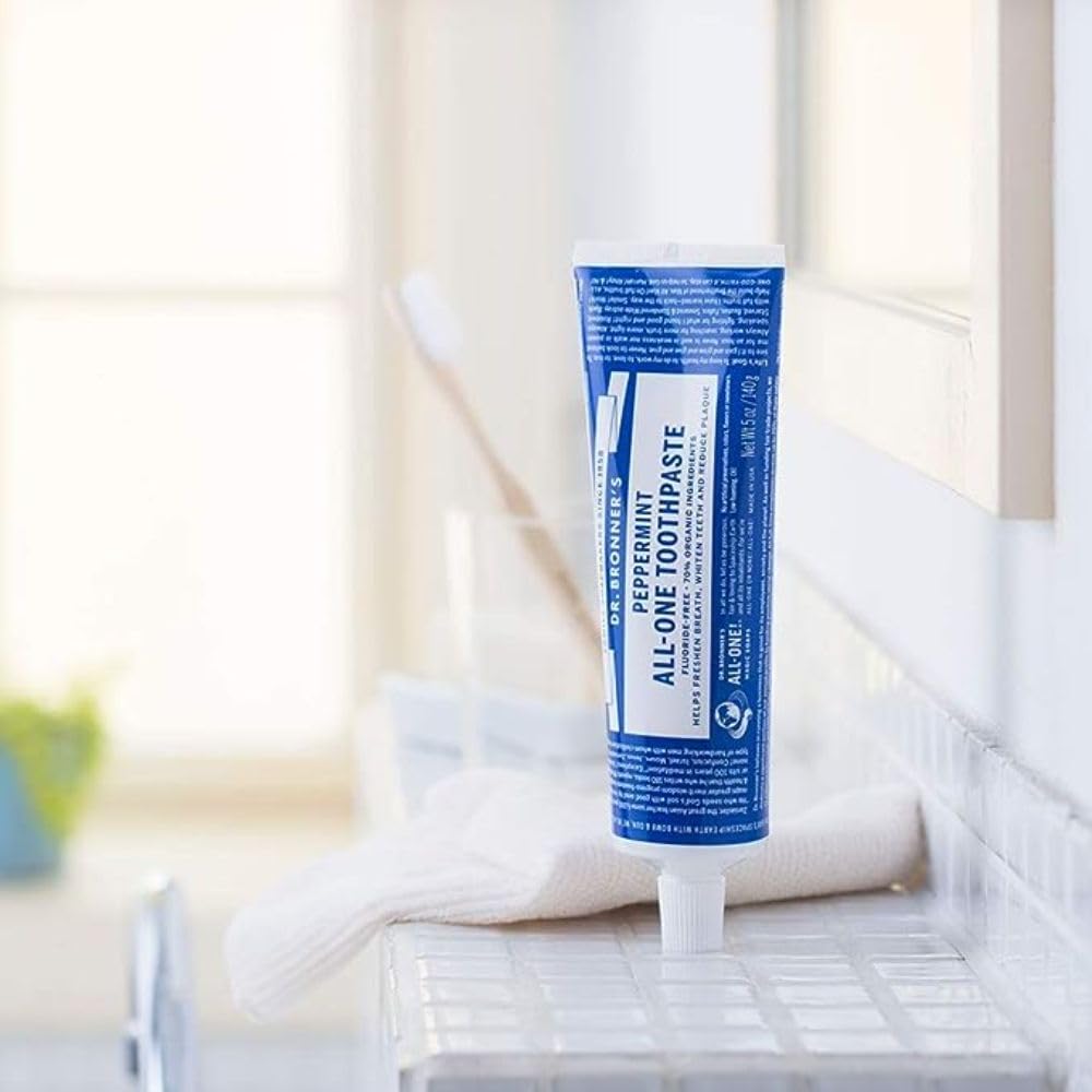 Dr. Bronner’s - All-One Toothpaste (Peppermint, 5 Ounce, 3-Pack) - 70% Organic Ingredients, Natural and Effective, Fluoride-Free, SLS-Free, Helps Freshen Breath, Reduce Plaque, Whiten Teeth, Vegan