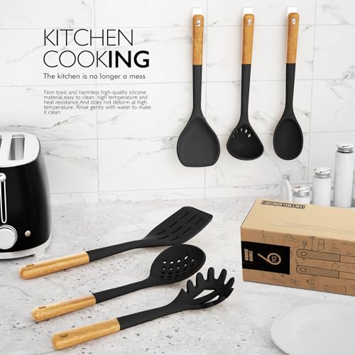 Large Silicone Cooking Utensils Set - Heat Resistant Silicone Kitchen Utensils for Cooking w Wooden Handles, Spatula Set, Kitchen Utensil Gadgets Sets for Non-Stick Cookware, BPA Free (Black)