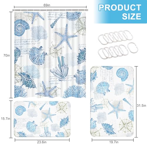 Likiyol 3 Pcs Nautical Beach Shower Curtain Sets with Rugs, Coastal Bathroom Set with Shower Curtain and Rugs, Ocean Bathroom Rug Set, 15.7'' x 23.6'' & 19.6'' x 31.5'' Rug for Brhroom, Kitchen