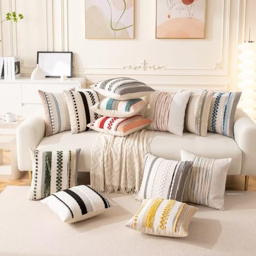 WANLIRD Boho Throw Pillow Covers 18x18 Set of 2 Farmhouse Decorative Cushion Case Striped Square Pillows Cover Chenille Pillow Cases Accent Neutral Pillowcase for Sofa Couch Bed,Yellow-Blue