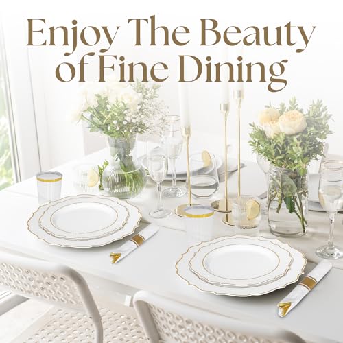 Elegant Gold Plastic Dinnerware Set (350 Pcs) - Includes 50 Dinner Plates, 50 Dessert Plates, 50 Napkins, 50 Cups & Gold Silverware. Ideal for Weddings, Parties & Events. (Modern)