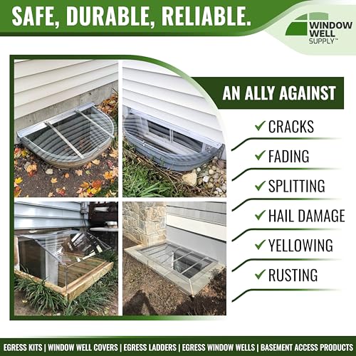 Polycarbonate & Aluminum Window Well Cover – Heavy-Duty Sloped Basement Window Guard, UV-Resistant Plastic Covering, Durable Outdoor Protection, Rust-Free Frame (43" W x 17" L)