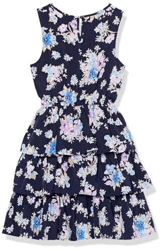 Speechless Girls' Sleeveless Tiered Dress and Tie Front Cardigan, Navy/Lavender, 7