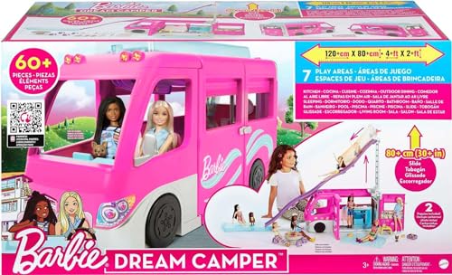 Barbie Camper Playset, DreamCamper Toy Vehicle with 60 Doll-Sized Accessories Including Furniture, Pool & 30-inch Slide