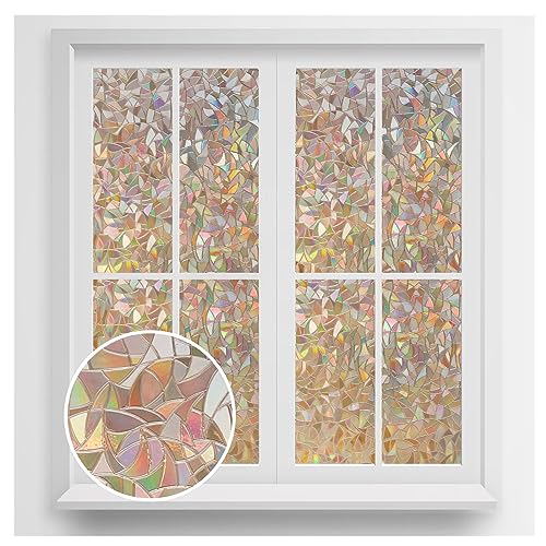 rabbitgoo Window Privacy Film, Rainbow Static Cling Decorative Stained Glass Window Film, Heat Control Window Tinting Film for Home, Grayish Silver, 35.4 x 157.4 inches