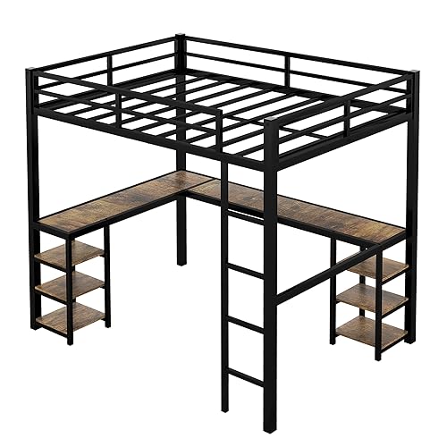 Full Size Loft Bed with Desk and Storage Shelves, Heavy Duty Metal Loft Bed with L-Shaped Desk and Ladder, Full Size Loft Bed for Kids, Teens, Black Loft Bed Full Size