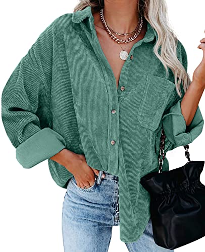 QIXING Womens 2024 Corduroy Button Down Shirt Casual Oversized Long Sleeve Blouses Tops Green-M