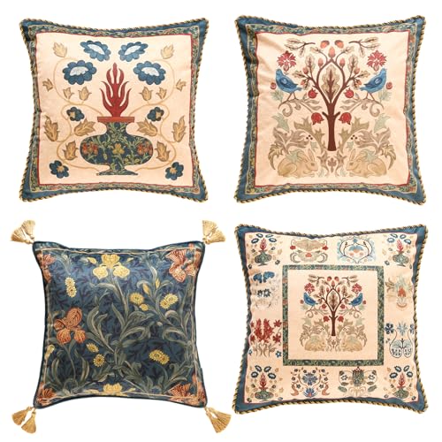 patdrea Designer Vintage Folk Velvet Throw Pillow Cover 18x18 inches,Quaint Faux Embroidery Blue Floral Pattern,Decorative Square Pillowcases Cushion for Bed Living Room Outdoor Car,Pack of 2