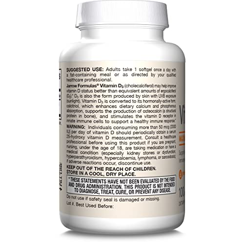 Jarrow Formulas Vitamin D3 125 mcg (5000 IU) - 100 Servings (Softgels) - Bone Health, Immune Support & Calcium Metabolism Support - Vitamin D Supplement - D3 Vitamins - 5000 IU Vitamin D - Gluten Free