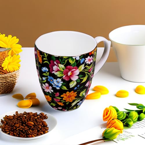 PMNING 14oz Floral Mug Porcelain Coffee Tea Cups - Novetly Floral Coffee Mugs Flower Coffee Mugs for Women Men - Christmas Birthday Gifts for Dad Mom Brother Friend(Black)