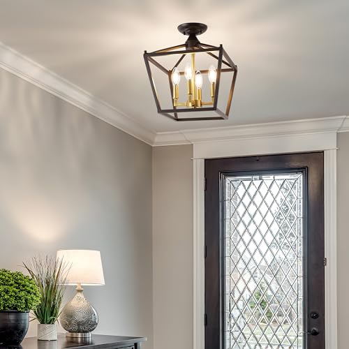 JONATHAN Y JYL7610G Plains Mini Lantern 12" 4-Light Iron Modern Farmhouse LED Flush Mount, Office, Living Room, Family Room, Dining Room, Bedroom, Hallway, Foyer, Oil Rubbed Bronze/Brass Gold
