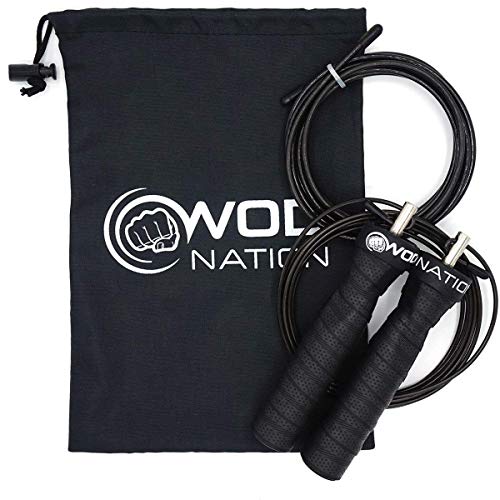 WOD Nation Attack Speed Jump Rope - Black Alloy Steel Handles - Weighted & Speed Cable System - Includes 11 ft Heavy (3.3 mm) & Light (2.2 mm) Cables for Men & Women
