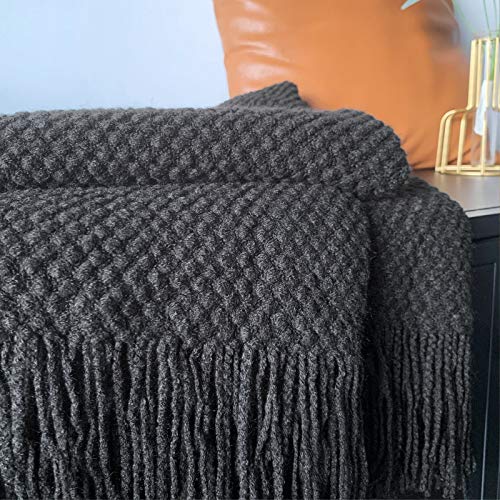 LOMAO Knitted Throw Blanket with Tassels Bubble Textured Lightweight Soft Throws for Couch Cover Home Decor (Navy, 50x60)