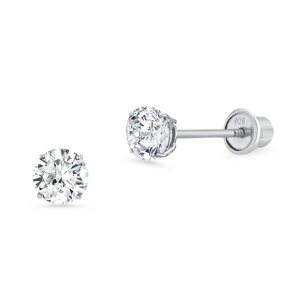 925 Sterling Silver Rhodium Plated 4mm Cubic Zirconia Stud Screwback Baby Girls Earrings