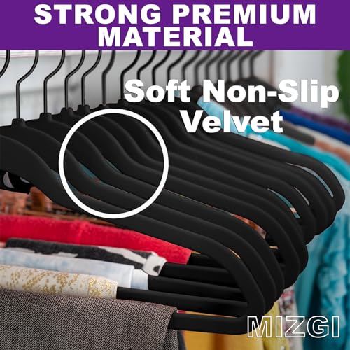 MIZGI All Black Velvet Hangers 40 Pack,Premium Flocked Clothes Hangers Non-Slip Felt Hangers,Sturdy Black Hangers Heavy Duty Coat Hangers,Durable Suit Hangers for Space Saving, No Hanger Marks