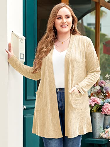 LARACE Open Front Knit Cardigan Sweaters for Women Plus Size Long Sleeve Tops with Pockets Lightweight for Winter(F-WineRed 5X)