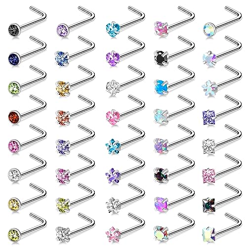ONESING 40 Pcs 18G Nose Rings Studs L Shape Nose Rings for Women Nose Piercings Jewelry Surgical Stainless Steel Nose Studs Hypoallergenic Body Piercing Jewelry for Women Men