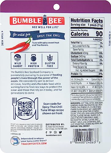 Bumble Bee Spicy Thai Chili Seasoned Tuna, 2.5 oz Pouches (Pack of 12) - Ready to Eat - Wild Caught Tuna Pouch - 15g Protein per Serving - Gluten Free