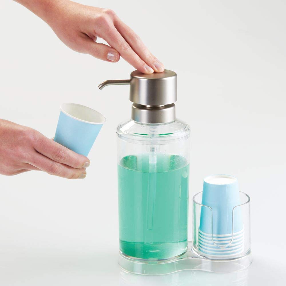 iDesign Mouthwash Dispenser Pump with Attached Paper Cup Holder Caddy, The Clarity Collection – 6.25” x 3.5” x 9.25”, Clear