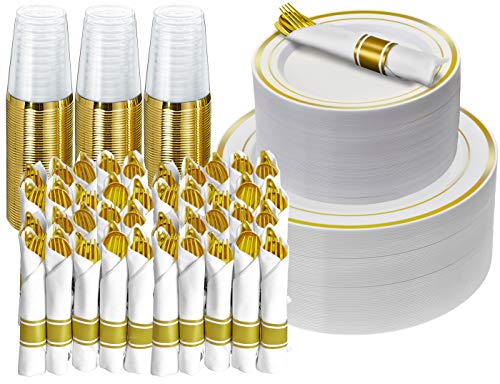 Prestee 350 Pc Disposable Dinnerware Set for 50 Guests - Gold - Reusable Party Supplies Set incl. 50 of Dinner Plates, Salad Plates, Knives, Forks, Spoons and Cups, Wedding Reception Supplies