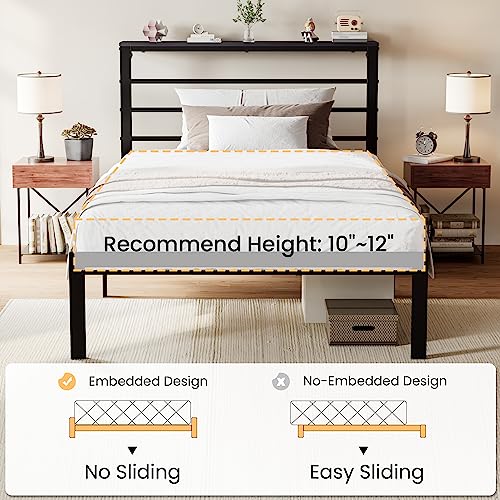 SHA CERLIN Twin Size Bed Frame with Headboard Shelf and Strong Metal Foundation, No Box Spring Needed, Black