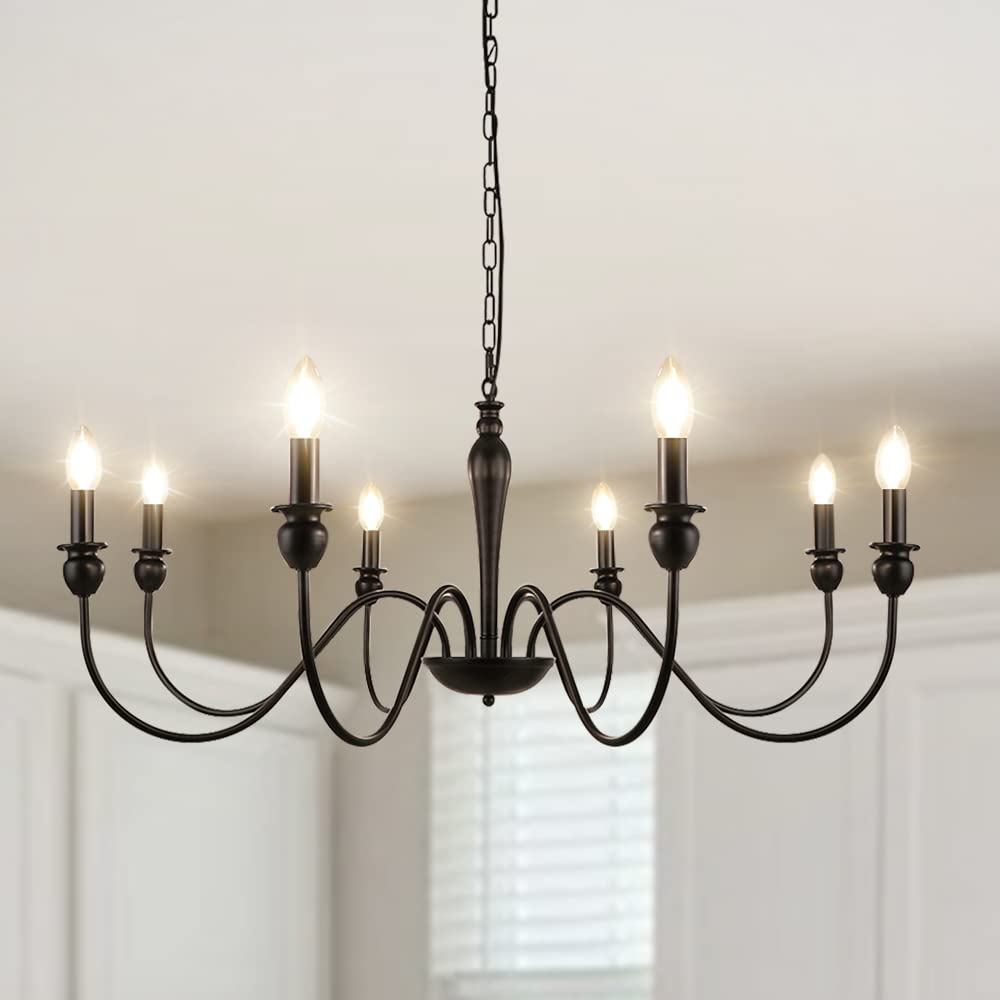 LynPon Farmhouse Chandelier for Dining Room, 8 Lights Black Chandeliers 36.6 Inch Wrought Iron Light Fixtures, Rustic Industrial Hanging Candle Ceiling Light Fixture for Living Room Kitchen Foyer