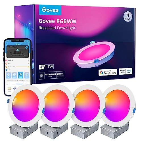 Govee Smart Recessed Lighting 4 Inch, Wi-Fi Bluetooth Direct Connect RGBWW LED Downlight, 65 Scene Mode, Work with Alexa & Google Assistant, LED Recessed Lighting with Junction Box, 850 Lumen, 4 Pack