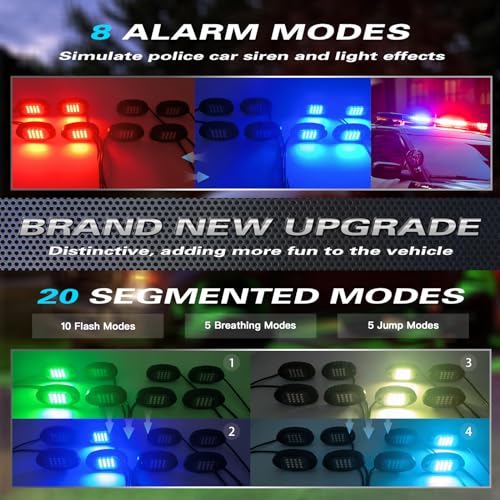 4Pods Segmented RGB LED Rock Lights with APP/RF Remote, Multicolor Neon Underglow Lights Vehicle Exterior Lights Multi Zone 12v Waterproof Underbody for Truck Jeep UTV ATV SUV SXS Golf Cart Offroad