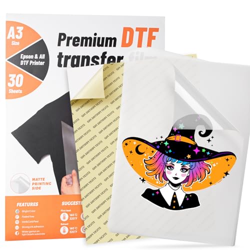 KASYU DTF Transfer Film, 30 Sheets 11"*17" DTF Paper with Smart Printing Pad for All Sublimation&DTF Printers,DTF Film for Sublimation Hack, Premium Direct to Film for All Color Fabric