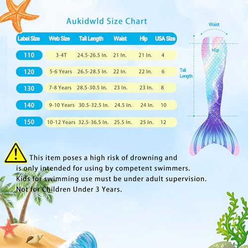 Mermaid Tails for Swimming Swimsuit Costume, Bathing Suit Princess Bikini Sets Cosplay Girls Kids (No Monofin)