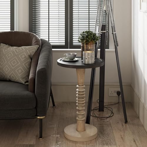 Pedestal Small Drinking Table, Farmhouse Tray Top End Table, Distressed Finish, Black Top on Aging White Frame