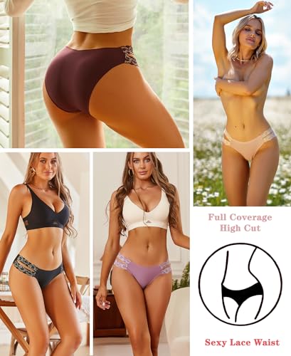 FINETOO Seamless Underwear for Women Cheeky Bikini Panties High Cut V-waist Lace Underwear Women Cute Bikinis 6 Pack