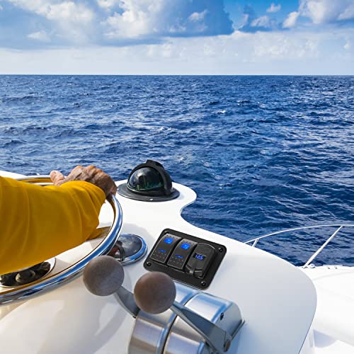 GOOACC 2 Gang Rocker Switch Panel Blue Backlit with 4.8 Amp Dual USB Charger Voltmeter Waterproof 12V 24V DC Rocker Switch with Night Glow Stickers for Car Trucks Boats RVs,2 Years Warranty