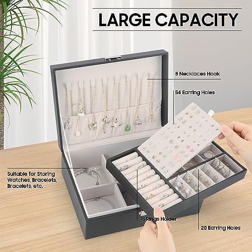 TEIVUL Jewelry Box Organiser for Girls Women,2 Layer PU Leather Jewellery box with 2 Keys,Suitable for Earrings Rings Necklaces Holder(BLACK)