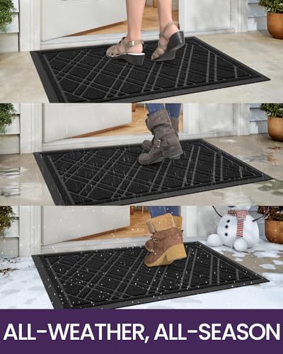 DEXI Front Door Mat Outside Entrance, All-Season Heavy Duty Rubber Indoor Outdoor Doormat, Fade Resistant, Low-Profile, Easy Clean Patio Entryway Rug, 17"x29", Weave Grey