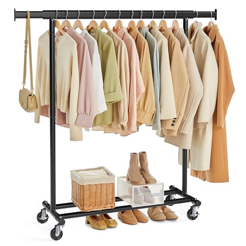 SONGMICS Clothes Rack with Wheels, Heavy-Duty Clothing Rack for Hanging Clothes, Portable, 17.7 x (36.2-52) x 63.6 Inches, with Extendable Rail, 220 lb Load Capacity, Black UHSR13BKV1