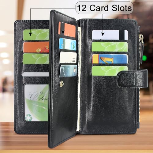 Harryshell Compatible with Google Pixel 8 Case Wallet Detachable Magnetic Cover Leather Case Cover with Cash Coin Zipper Pocket 12 Card Slots Holder Wrist Strap Lanyard (Black)