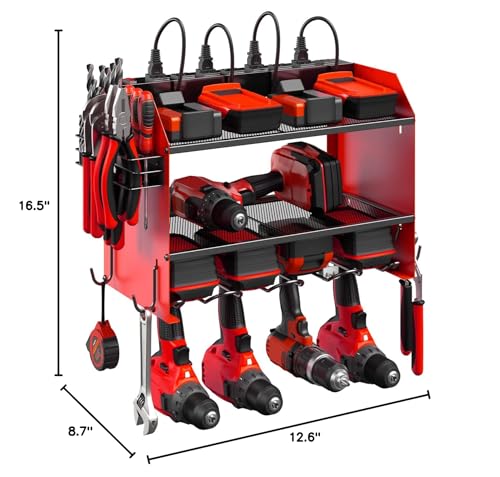 CCCEI Modular Power Tool Organizer Wall Mount with Charging Station. Garage 4 Drill Storage Shelf with Hooks, Screwdriver, Drill Bit Heavy Duty Rack, Tool Battery Holder Built in 8 Outlet Power Strip.