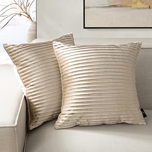 Phantoscope Pack of 2 Velvet Decorative Throw Pillow Covers - Crushed Velvet Handmade Pleated Design - Soft Solid Square Pillow Case for Couch Bed and Chair, Beige, 18 x 18 inches 45 x 45 cm