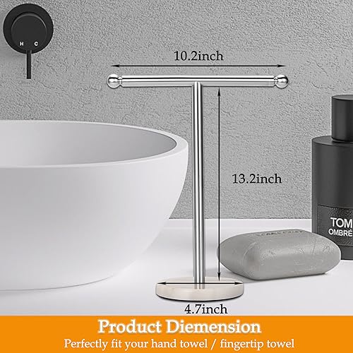 Kalitro Towel Rack with Heavy Marble Base, Free Standing Hand Towel Holder Stand for Bathroom Stainless Steel T-Shape Brushed Nickel