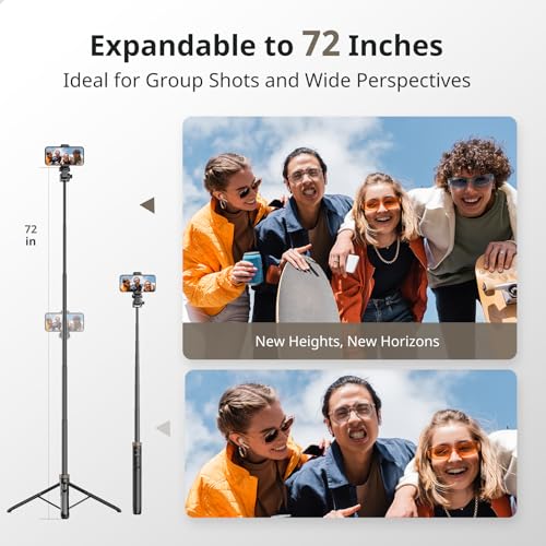 Sensyne 72"" Phone Tripod, Extendable Tripod for iPhone & Selfie Stick with Detachable Phone Holder & Wireless Remote, iPhone Tripod Compatible with All Cell Phones, Camera, Black