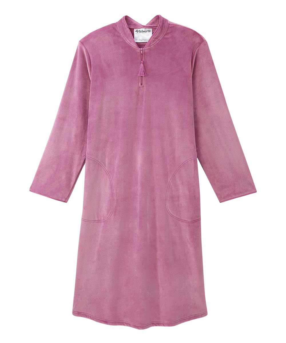 Women’s Open Back Adaptive Plush Nightgown With Zip Front - Mellow Mauve MED