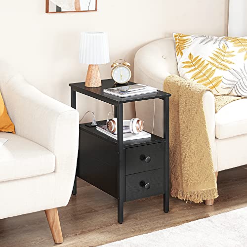 HOOBRO End Table with Charging Station, Narrow Side Table with 2 Drawer & USB Ports & Power Outlets, Nightstand for Small Spaces, Stable and Sturdy, for Living Room, Bedroom, Black BK541BZ01