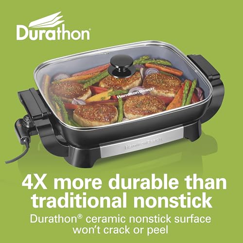 Hamilton Beach Electric Skillet with PFAS-Free Durathon Ceramic Coating, Removable 12x15” Pan, Adjustable Temperature, Reversible Design, Tempered Glass Lid, Black Nonstick Surface (38531)