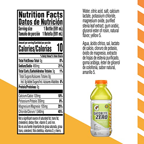 Gatorlyte Zero Electrolyte Beverage, Lemon Lime, Zero Sugar Hydration, Specialized Blend of 5 Electrolytes, No Artificial Sweeteners or Flavors, 20 Fl Oz Bottles (Pack of 12)