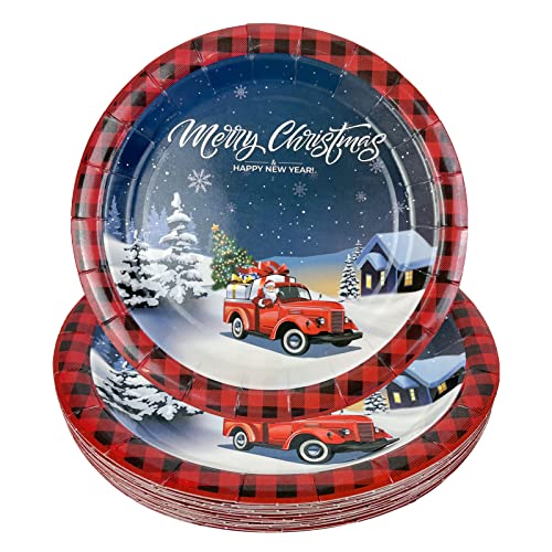 CIEOVO 48 Pack Disposable Plates Christmas Red and Black Plaid Party Dinner Dessert Plates for Christmas Birthday New Year Birthday Baby Shower Party Supplies